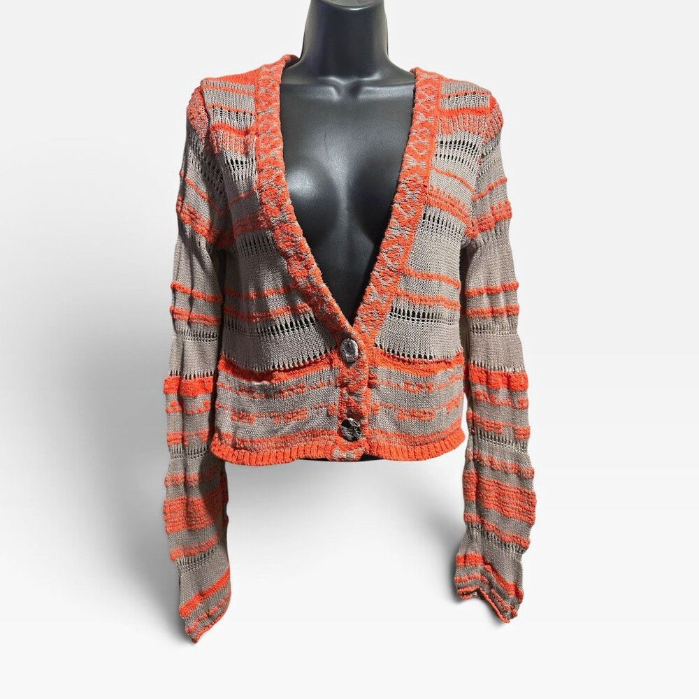 Free People Cardigan Womens Medium Gray Orange Striped Open Knit Cropped Sweater